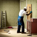 An image of a laborer adjusting a wallpaper in a home. The laborer should be seen holding a wallpaper brush and smoothing the wallpaper onto the wall. The background should show a room with a ladder, wallpaper table, and other tools of the trade. The lighting should be bright and focused on the worker. The overall aesthetic should be clean, professional, and efficient.